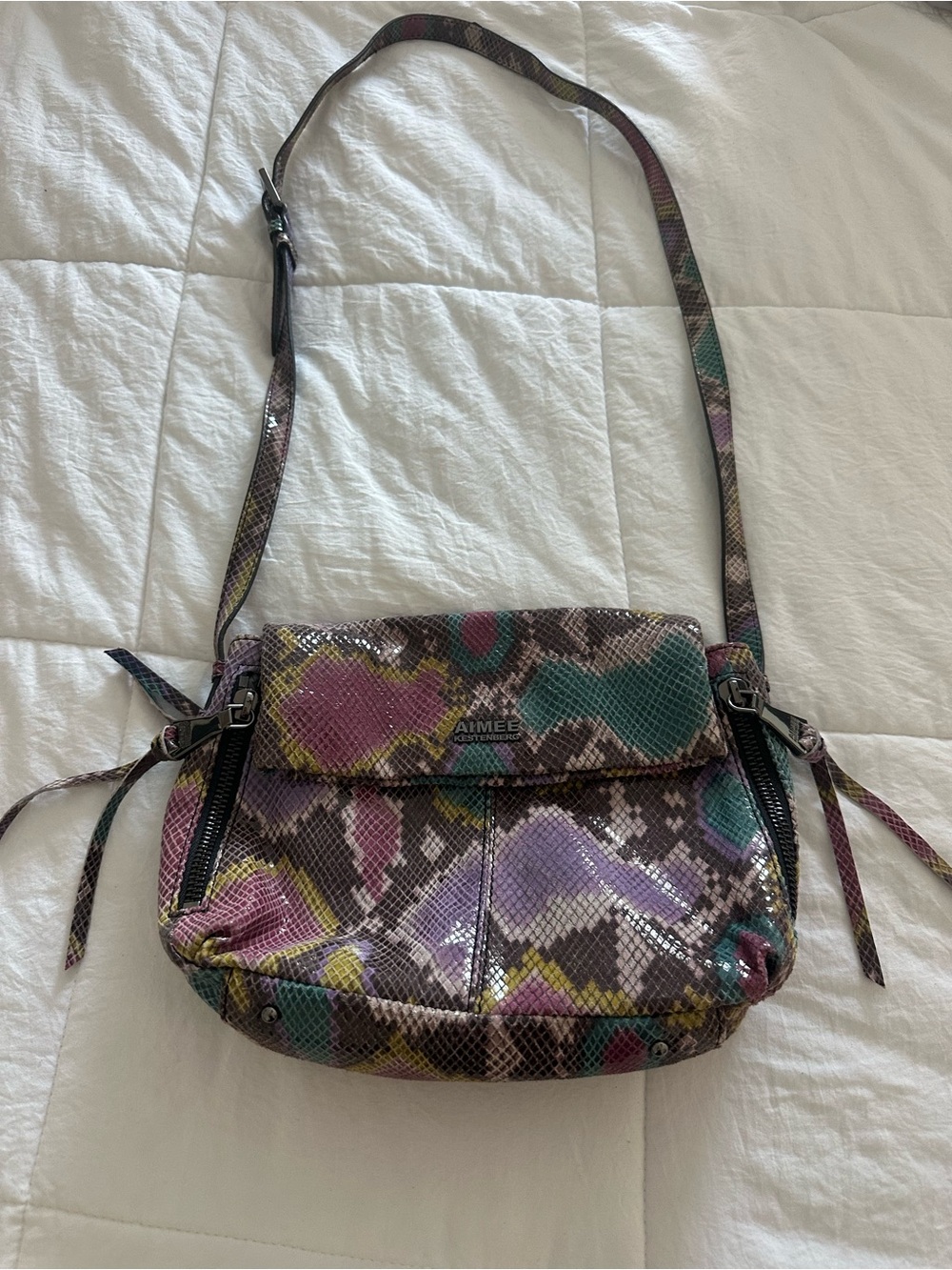 Aimee Kestenberg Teal Purple Pink Yellow Snake-Print Crossbody